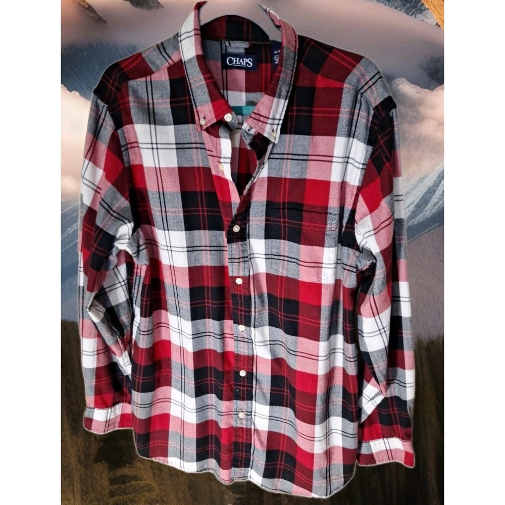 Chaps Ralph Lauren Shirt Mens XL Red &Gray  Plaid Button Down Long Sleeve 265